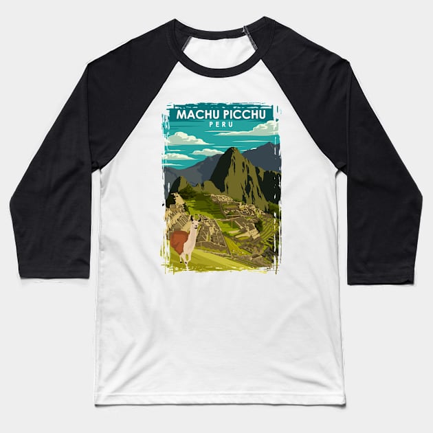 Machu Picchu Peru Vintage Minimal Retro Incan Travel Poster Baseball T-Shirt by jornvanhezik